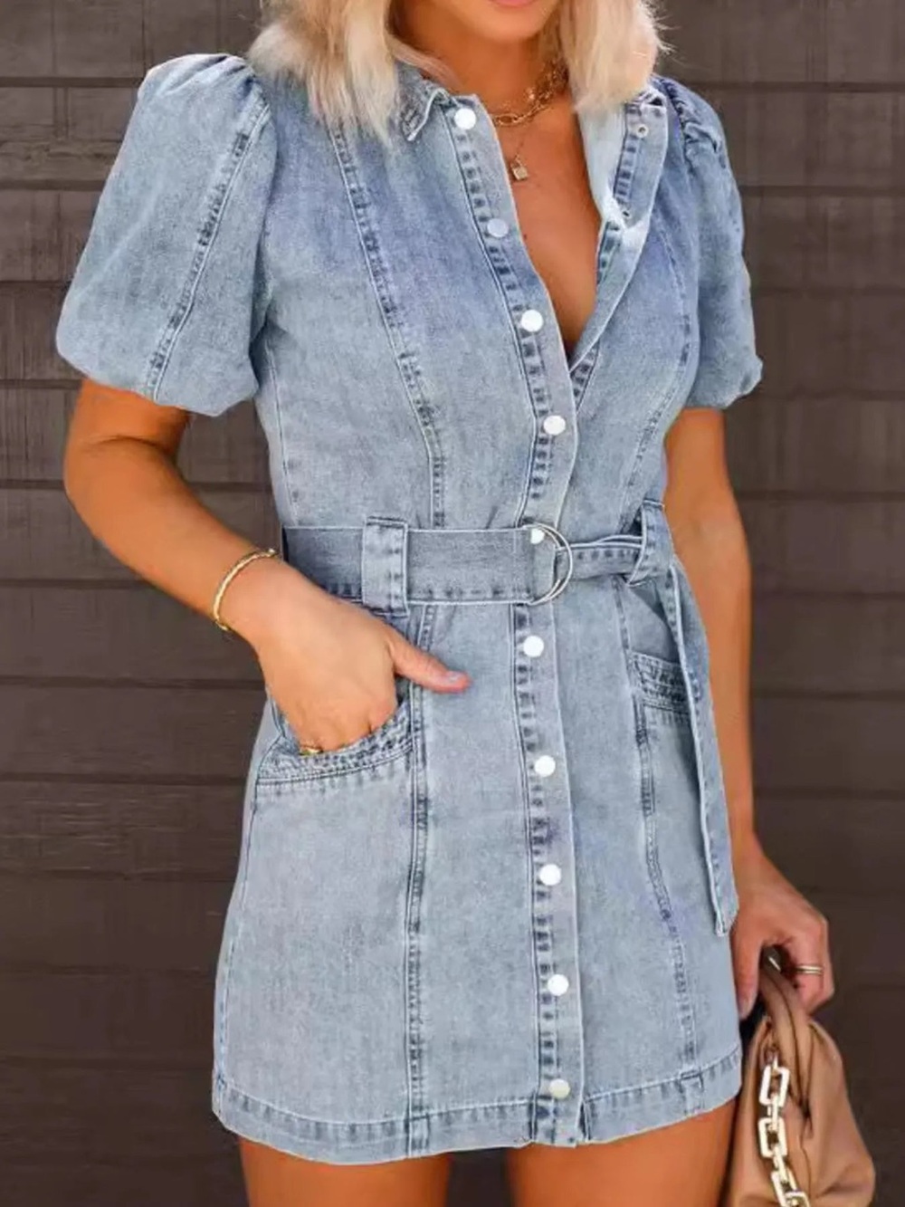 VICI Collection Denim Button-Front Mini Dress with Belt - Light Blue - Size M